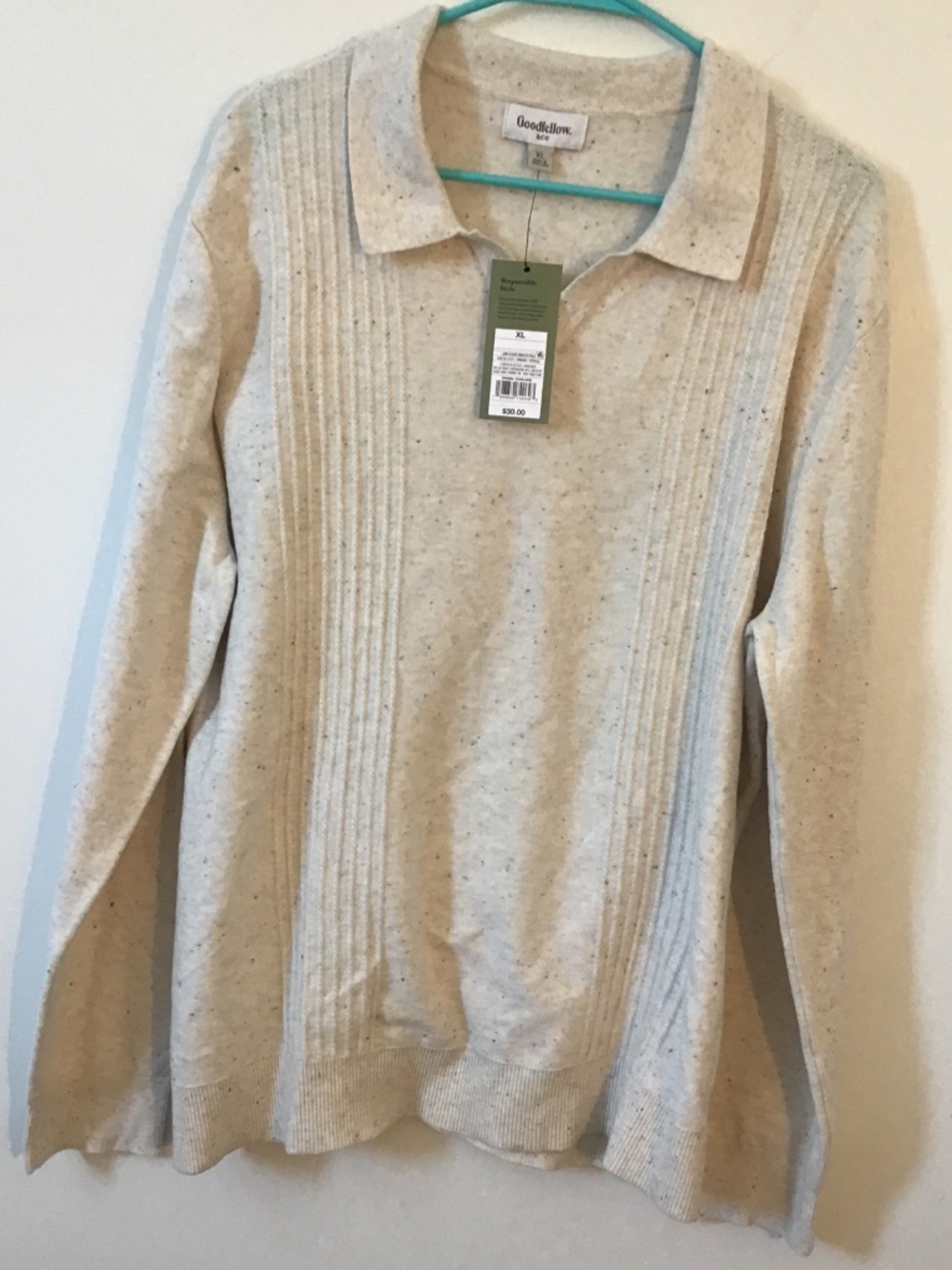 Goodfellow & Co. Mens Cream Speckled Long Sleeve Polo Sweater  Size XL